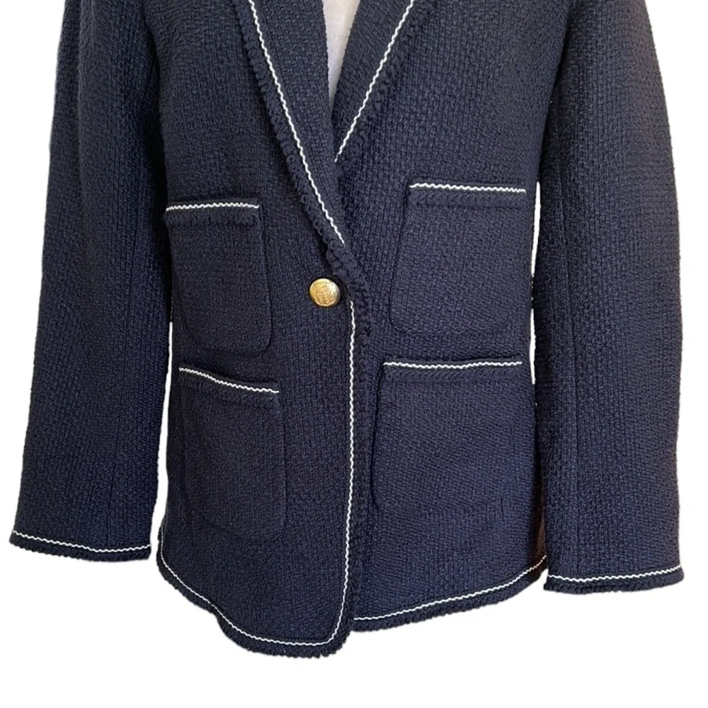 Talbots Navy Blue & White Tweed Gold Crested Button Blazer - 6 - Picture 5 of 14